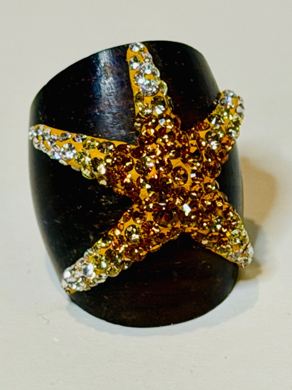 Wood Starfish Statement Ring Rhinestone Beach Coastal Size 8